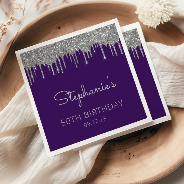 Servilleta De Papel Fiesta de cumpleaños 50 con brillo de plata púrpur (Subido por el creador)
