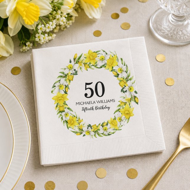 Servilleta De Papel Fiesta de cumpleaños 50 de narciso amarillo (Add Name / edit text to personalize as required.  Matching items available)