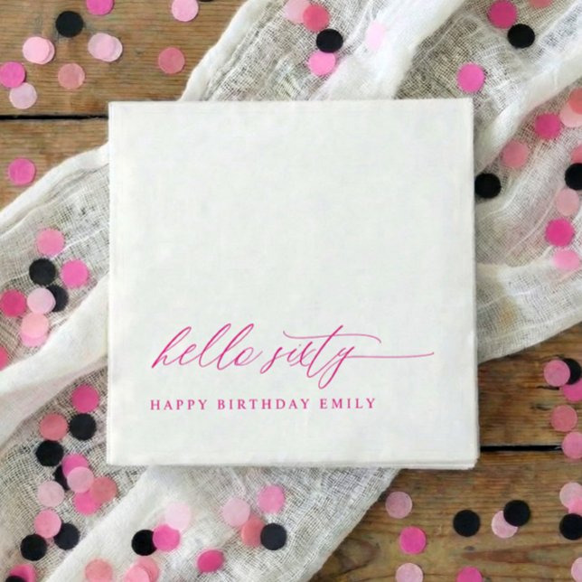 Servilleta De Papel Fiesta de cumpleaños 60 Pink Hello 60 Moderno (Pink hello 60 elegant minimalist 60th birthday party napkins)