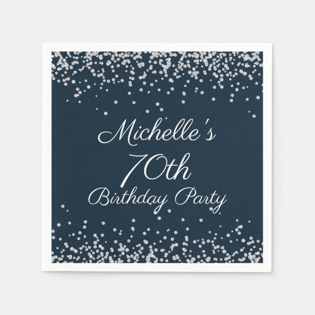 Servilleta De Papel Fiesta de cumpleaños 70 Navy Blue Silver Glitter (Anverso)