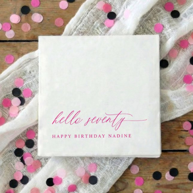 Servilleta De Papel Fiesta de cumpleaños 70 Pink Hola 70 Moderno Elega (Pink hello 70 modern script 70th birthday party napkins)