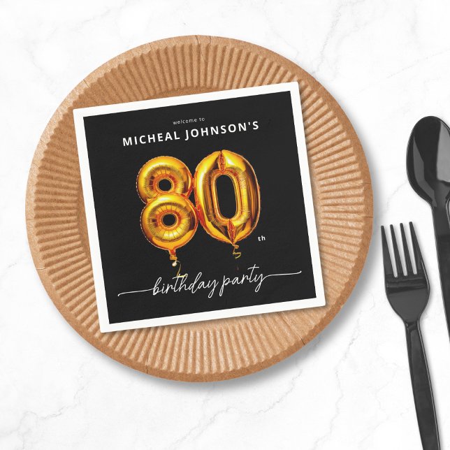 Servilleta De Papel Fiesta de cumpleaños 80 Black Balloon Gold (Gold Balloon Black 80th Birthday Party Napkins)