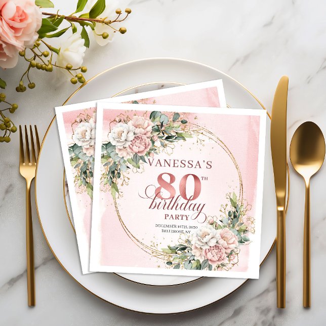 Servilleta De Papel Fiesta de cumpleaños 80 Blush Pink Floral Greenery (Blush Pink Floral Greenery 80th Birthday Party Napkins)