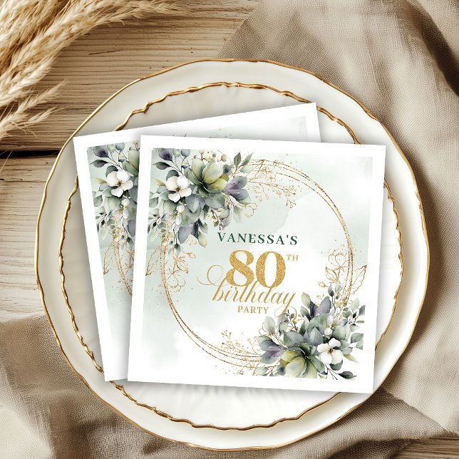 Servilleta De Papel Fiesta de cumpleaños 80 Boho Botánico Verde Polvor (Dusty Green Boho Botanical 80th Birthday Party Napkins)