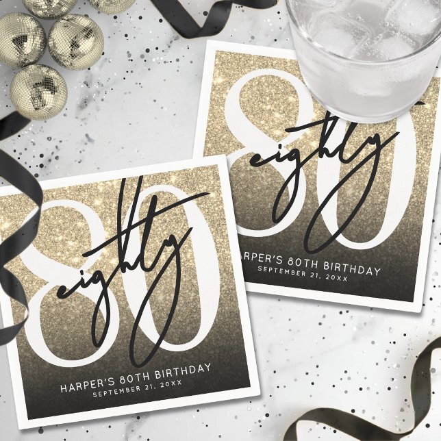 Servilleta De Papel Fiesta de cumpleaños 80 con purpurina dorada (Gold Glitter 80th Birthday Party Napkins)