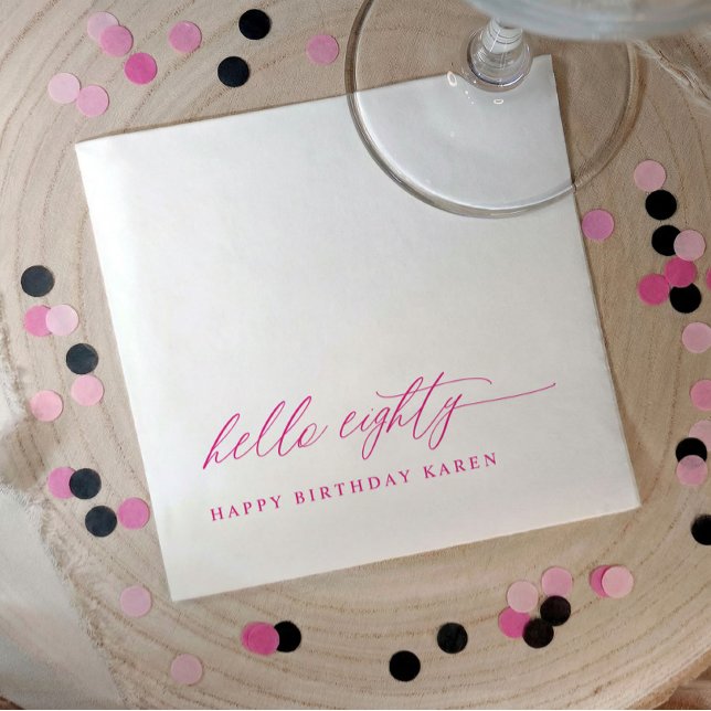 Servilleta De Papel Fiesta de cumpleaños 80 Pink Hola 80 Moderno Elega (Pink hello 80 elegant script 80th birthday party napkins)