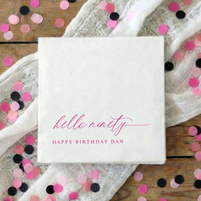 Servilleta De Papel Fiesta de cumpleaños 90 Rosa Hola 90 Moderno Elega (Pink hello 90 minimalist script 90th birthday party napkins)