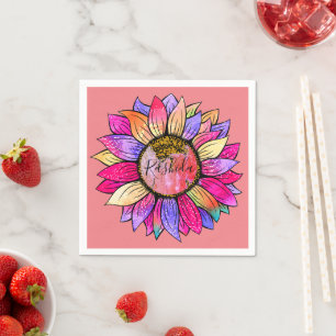 Servilleta De Papel Fiesta de cumpleaños con girasoles acuarela rosa y