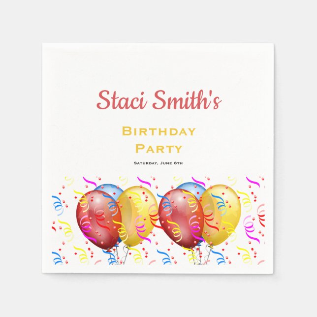 Servilleta De Papel Fiesta de Cumpleaños con Globos  (Anverso)