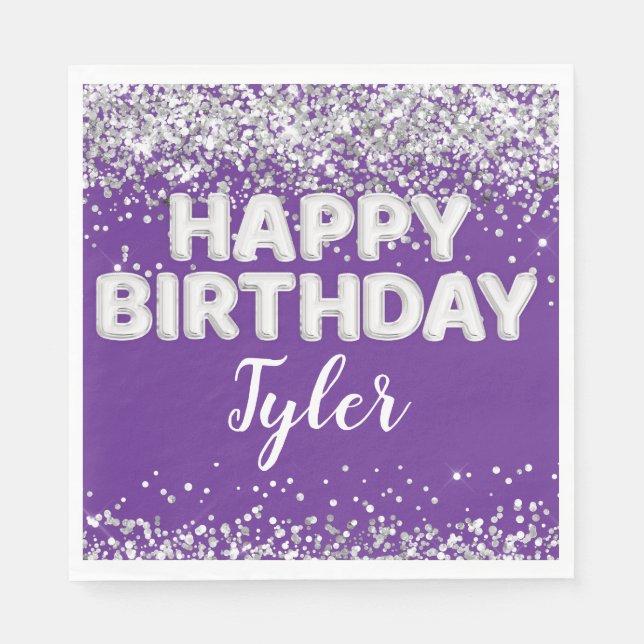 Servilleta De Papel Fiesta de Cumpleaños con Plata y Morado (Anverso)