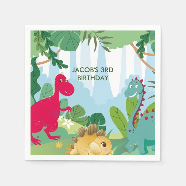 Servilleta De Papel Fiesta de cumpleaños con tema de dinosaurios lindo (Anverso)