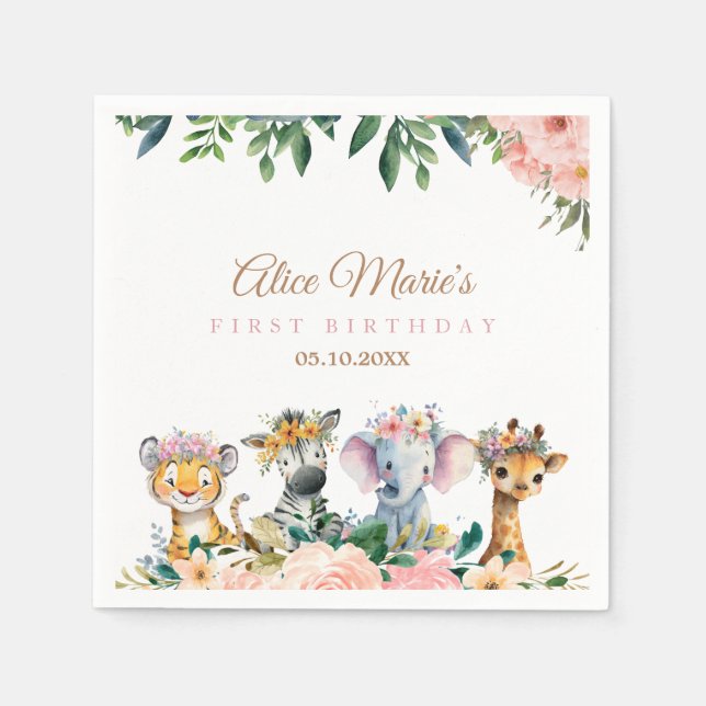 Servilleta De Papel Fiesta de cumpleaños con tema de safari rosa (Anverso)
