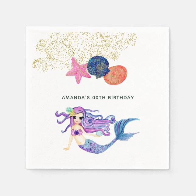 Servilleta De Papel Fiesta de cumpleaños con tema de Sirena (Anverso)