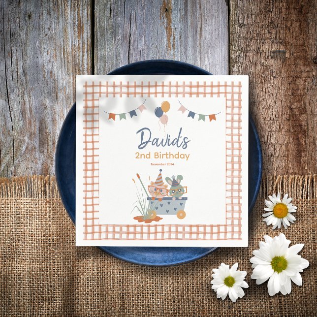 Servilleta De Papel Fiesta de cumpleaños de animales de granja para am (Farm Animal Birthday Napkin Balloon Bunting Flags Pig Bunny Orange Gingham Border)