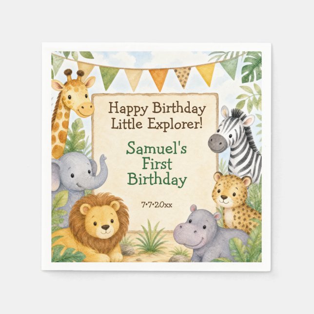 Servilleta De Papel Fiesta de Cumpleaños de Animales de Safari con Acu (Anverso)