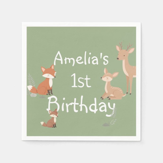 Servilleta De Papel Fiesta de Cumpleaños de Animales del Bosque (Anverso)