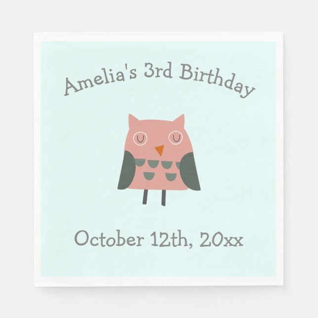 Servilleta De Papel Fiesta de cumpleaños de búho rosado (Anverso)