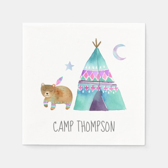 Servilleta De Papel Fiesta de cumpleaños de camping con acuarela (Anverso)