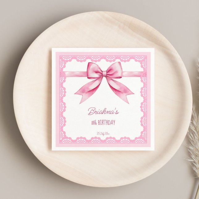 Servilleta De Papel Fiesta de cumpleaños de coqueta rosa impresa (Pink bow coquette birthday party printed napkins template personalized birthday napkins vintage lace)