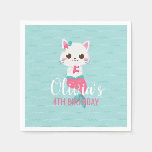 Servilleta De Papel Fiesta de Cumpleaños de Gatito Sirena (Anverso)