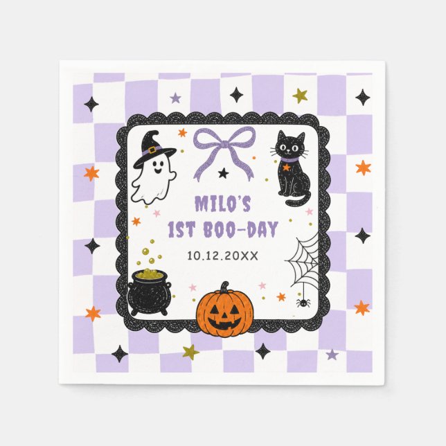 Servilleta De Papel Fiesta de cumpleaños de Halloween de gingham púrpu (Anverso)