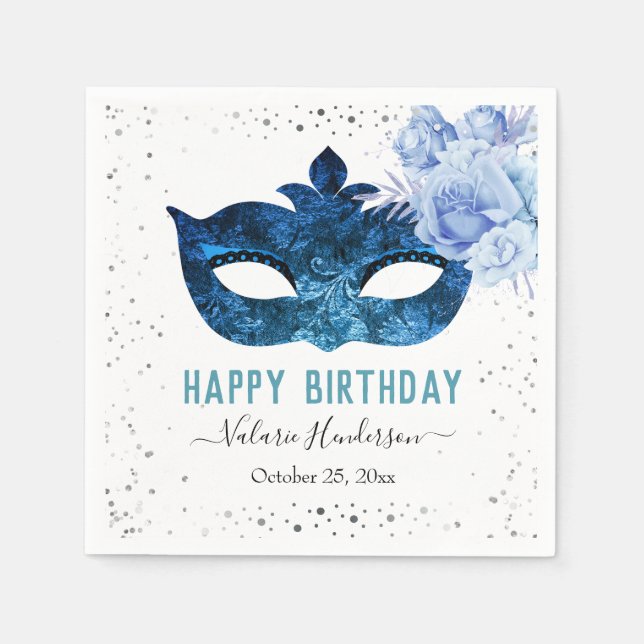 Servilleta De Papel Fiesta de cumpleaños de la mascarada azul (Anverso)