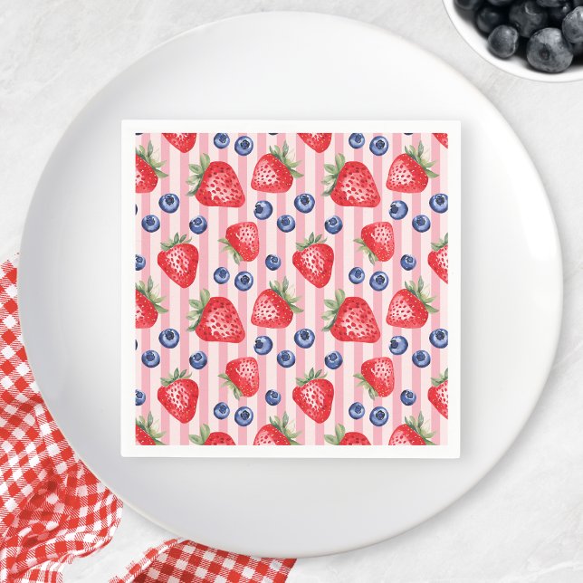 Servilleta De Papel Fiesta de cumpleaños de las franjas rojas Strawber (Red Stripes Strawberry Blueberry Birthday Party Napkins)