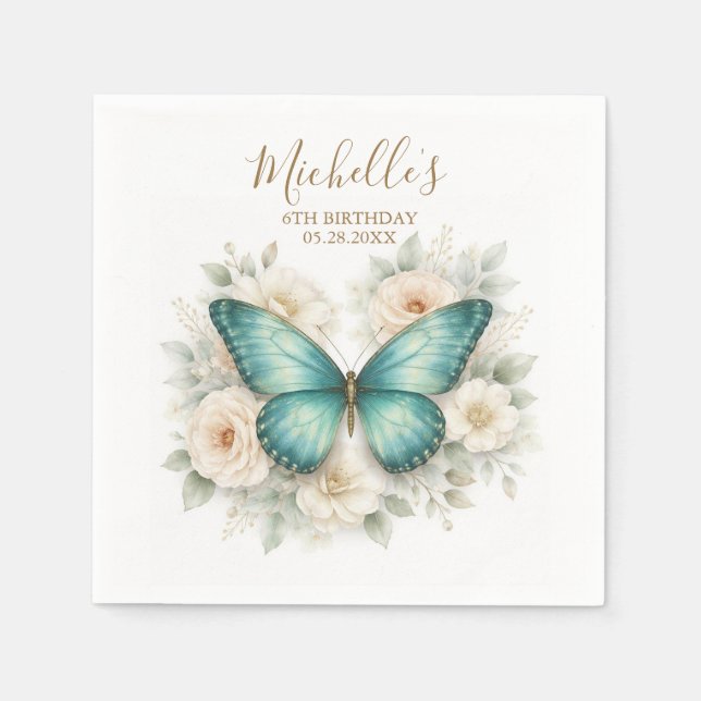 Servilleta De Papel Fiesta de Cumpleaños de Mariposa Moderna y Flores  (Anverso)