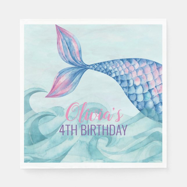 Servilleta De Papel Fiesta de cumpleaños de Mermaid acuarela (Anverso)