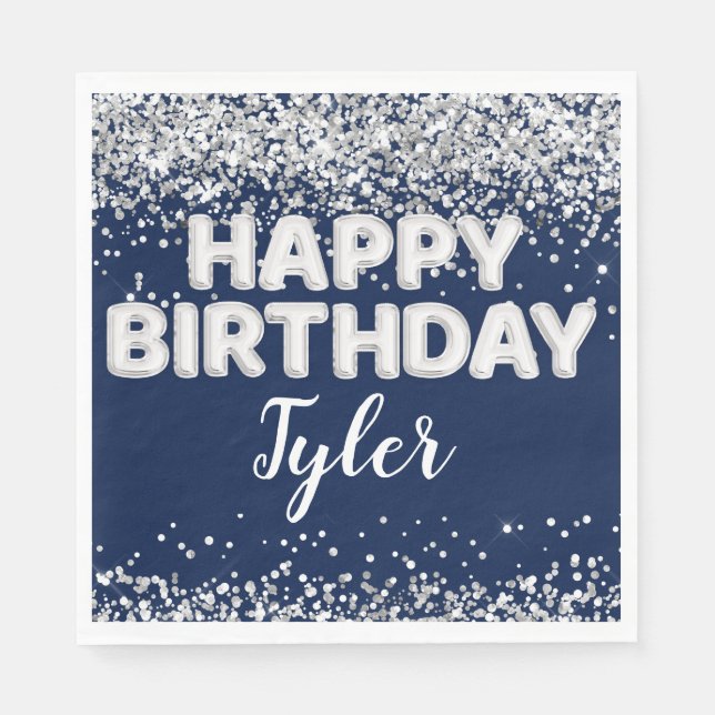 Servilleta De Papel Fiesta de cumpleaños de Navy Blue Silver (Anverso)