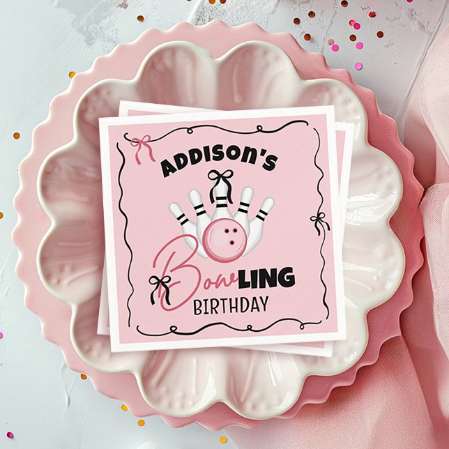 Servilleta De Papel Fiesta de cumpleaños de niña con lazos de bowling  (Cute funny BOWling theme girly pink and black bows custom name girl birthday party paper napkins)
