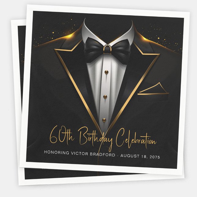 Servilleta De Papel Fiesta de cumpleaños de oro negro para hombres (Mens black gold birthday party paper napkins. Add your event details, photo or logo to personalize.)