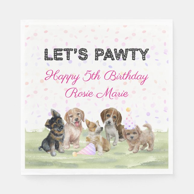 Servilleta De Papel Fiesta de cumpleaños de perrito rosa personalizada (Anverso)