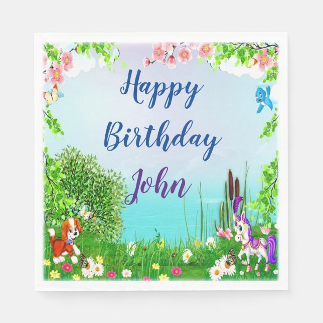 Servilleta De Papel Fiesta de cumpleaños de perro y caballo (Anverso)