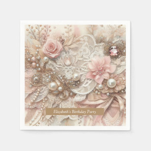 Servilleta De Papel Fiesta de cumpleaños de Pink Ivory Beige Florals