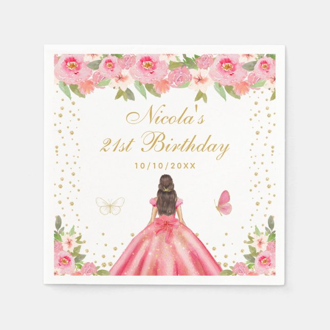 Servilleta De Papel Fiesta de Cumpleaños de Princesa con Cabello Casta (Anverso)