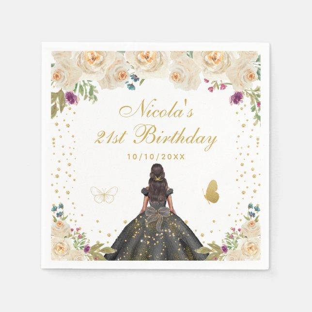 Servilleta De Papel Fiesta de Cumpleaños de Princesa de Piel Oscura Fl (Anverso)