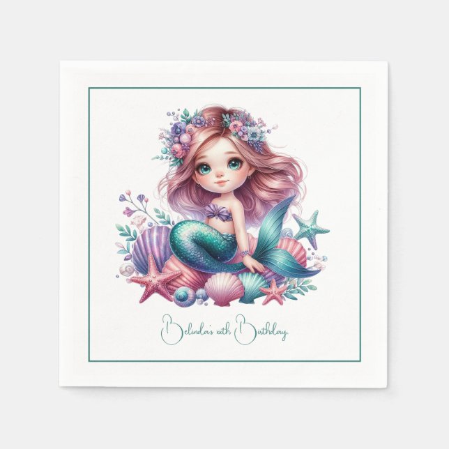 Servilleta De Papel Fiesta de Cumpleaños de Sirena Bajo el Mar (Anverso)