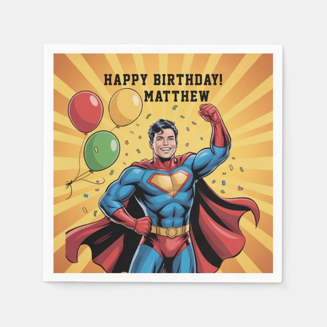 Servilleta De Papel Fiesta de Cumpleaños de Superhéroes Niños (Anverso)