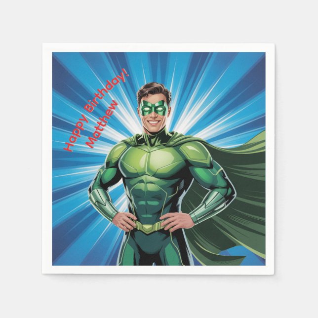 Servilleta De Papel Fiesta de Cumpleaños de Superhéroes Verdes para Ni (Anverso)
