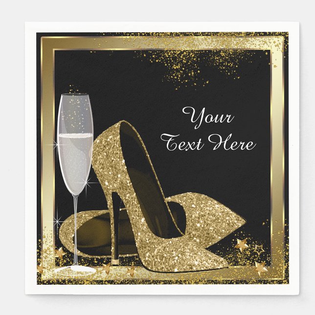 Servilleta De Papel Fiesta de cumpleaños de tacón alto de oro (Add your text to personalize these pretty black and gold high heel napkins.)