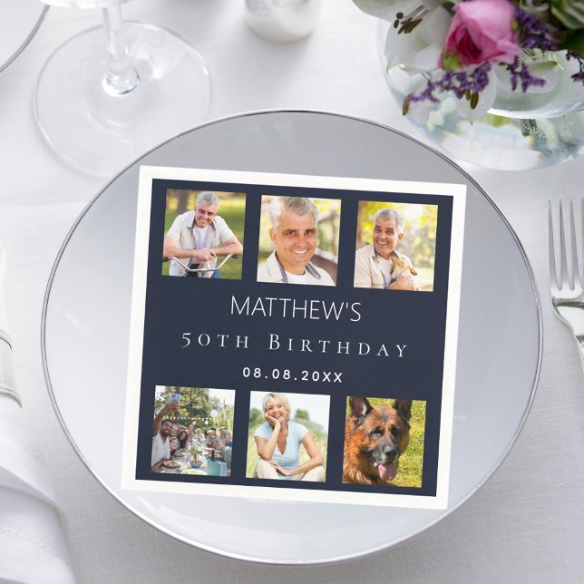 Servilleta De Papel Fiesta de cumpleaños del collage de fotos azules (Subido por el creador)