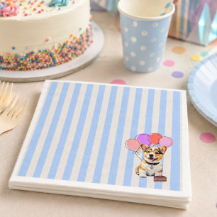 Servilleta De Papel Fiesta de cumpleaños del Corgi con rayas azules y 
