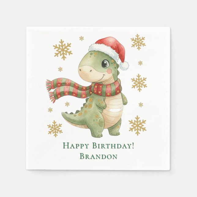 Servilleta De Papel Fiesta de cumpleaños del dinosaurio de Navidad (Anverso)