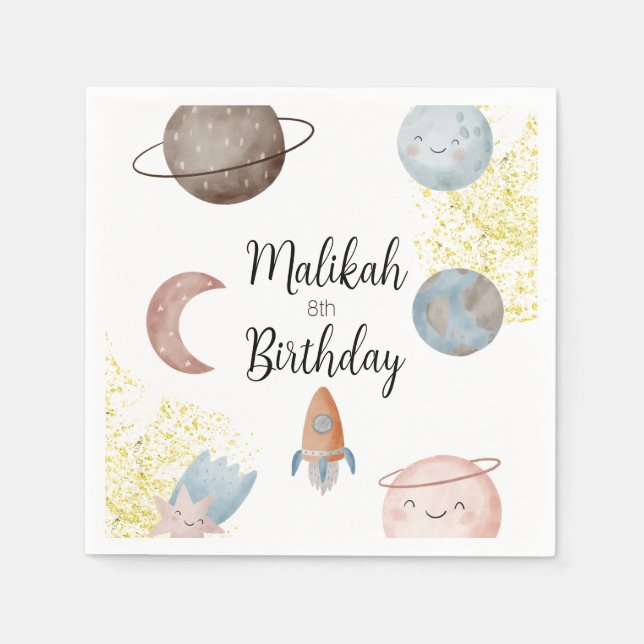 Servilleta De Papel Fiesta de cumpleaños del espacio acuarela para niñ (Anverso)
