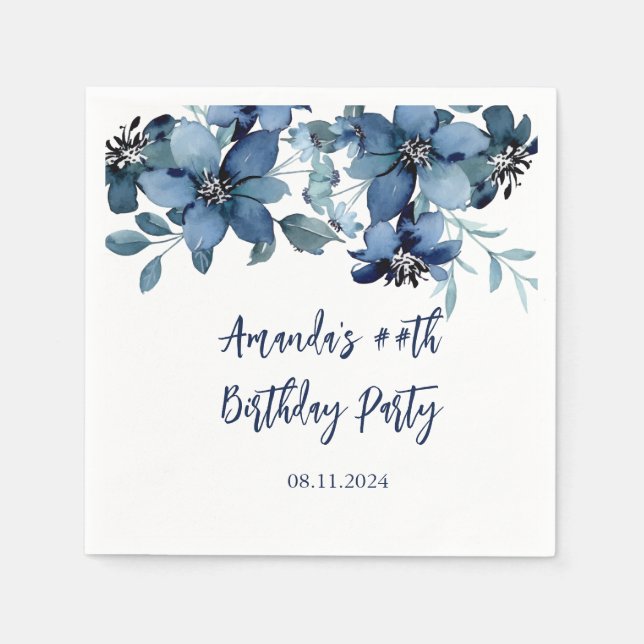 Servilleta De Papel Fiesta de cumpleaños floral azul moderno (Anverso)