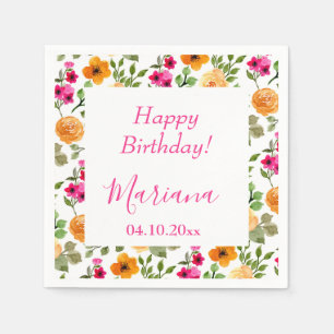 Servilleta De Papel Fiesta de Cumpleaños Floral Naranja Rosa Simple