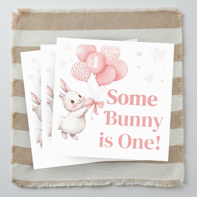Servilleta De Papel Fiesta de Cumpleaños Globo Conejito (Some Bunny Pink Bow Balloon Birthday Party Napkin)