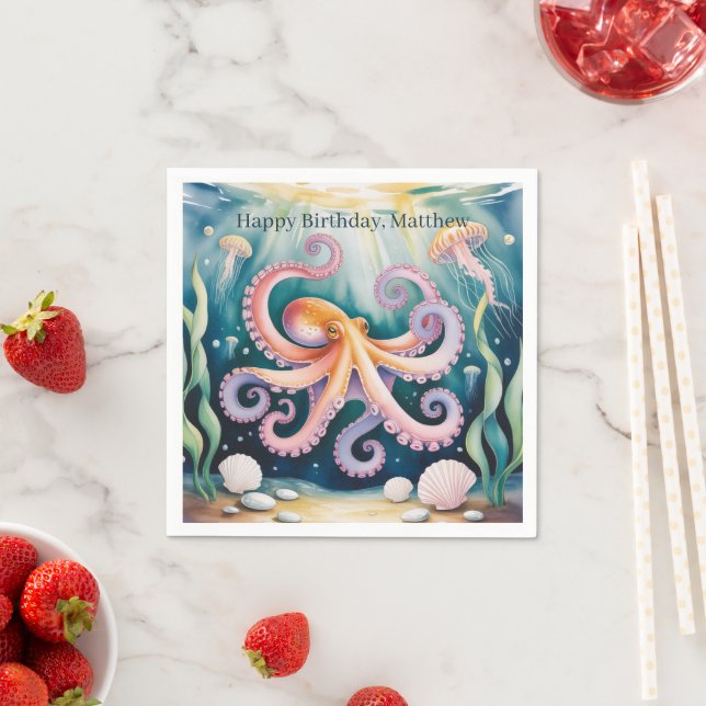 Servilleta De Papel Fiesta de Cumpleaños Infantil Pulpo Acuarela (In situ)