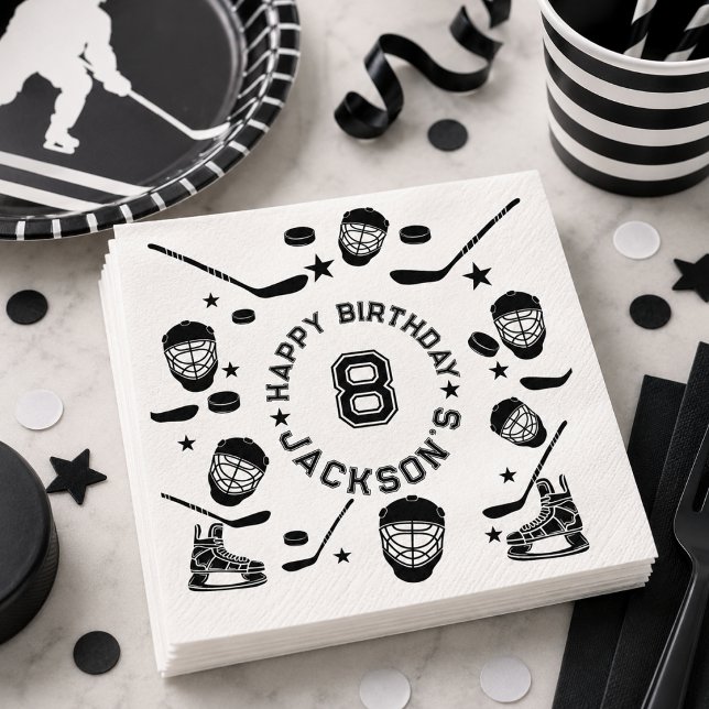 Servilleta De Papel Fiesta de cumpleaños infantil temática de hockey e (Hockey black and White Themed Kids Birthday Party Napkins)